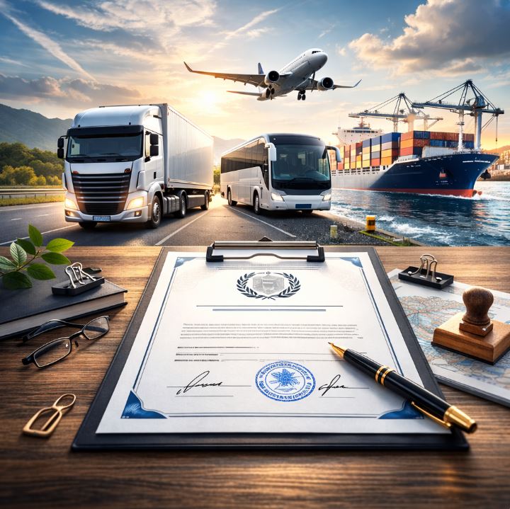 Illustration attestation de capacité transport et modes de transport routier, aérien et maritime